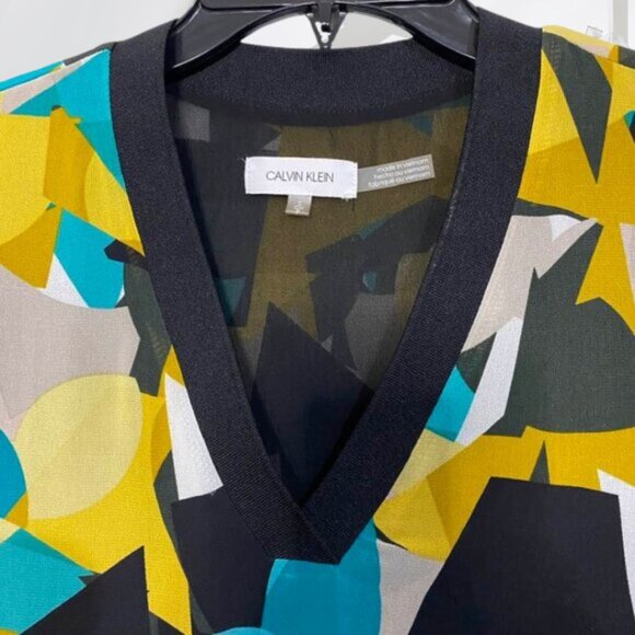 Calvin Klein Abstract Geometric Print Blouse V-Neck Long Sleeve Top Small - Picture 6 of 10
